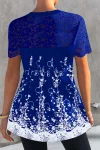 Plus Size Lace Stitching Print Button Detail Short Sleeve Blouses