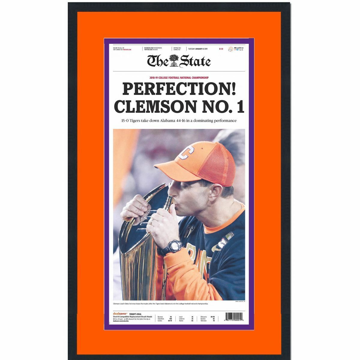 Framed The State Clemson 2018 NCAA Champions Newspaper 17x27 Cover Photo Poster painting V1