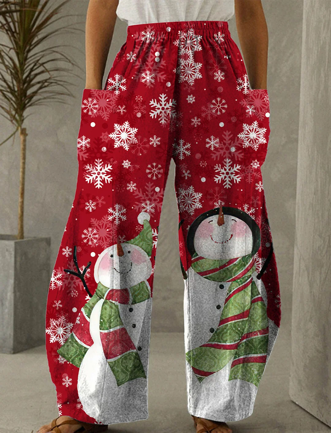 Christmas Red Snowman Print Casual Pants