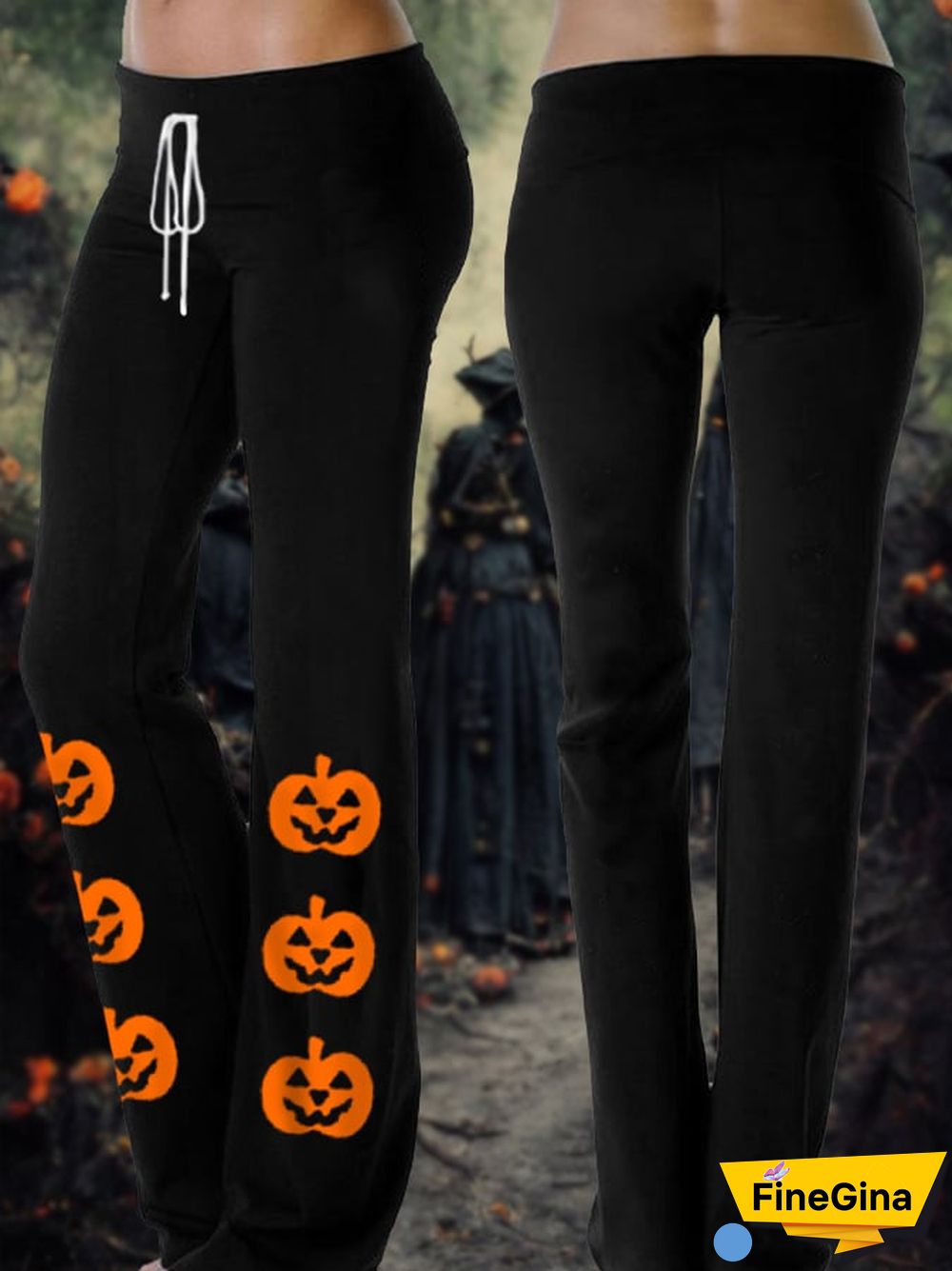 Women's Halloween Pumpkin Face Print Casual Wide-Leg Yoga Pants