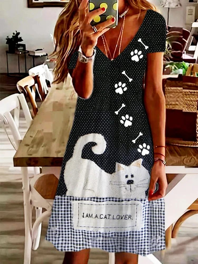 Animal Cat Paw Print V-Neck A-Line Midi Dress