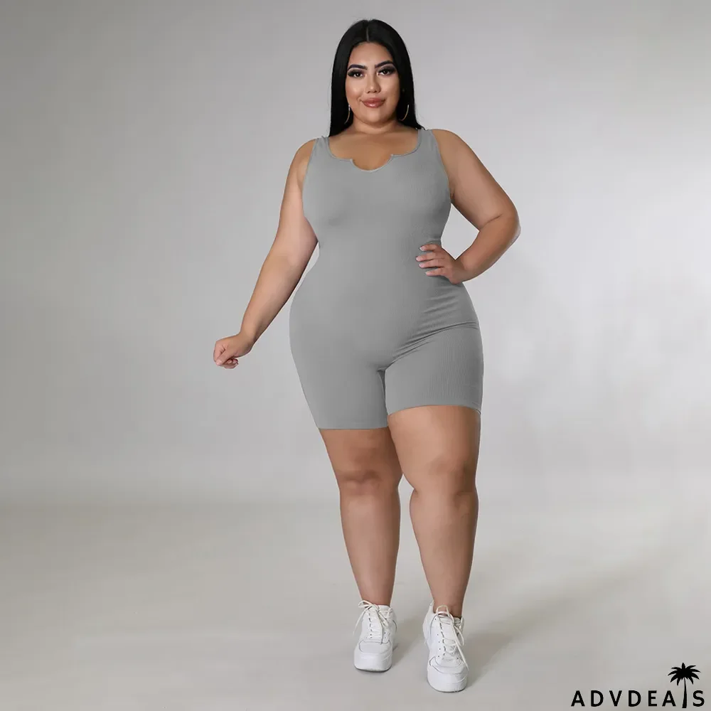 Solid Color Plus Size Rib Pit Strips Jumpsuit