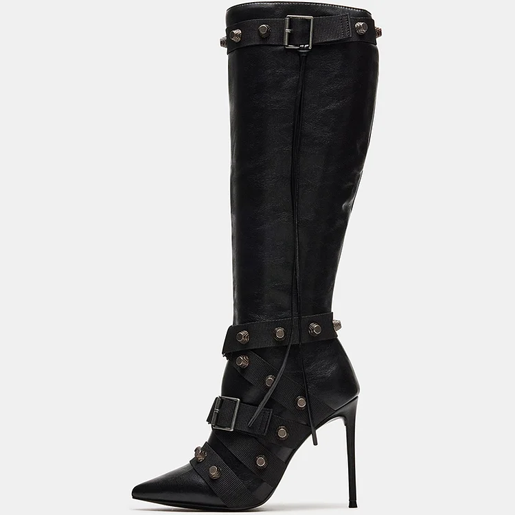 Pointed Toe Stiletto Heel Boot Classic Zipper Studs Shoes Knee Boots |FSJ Shoes