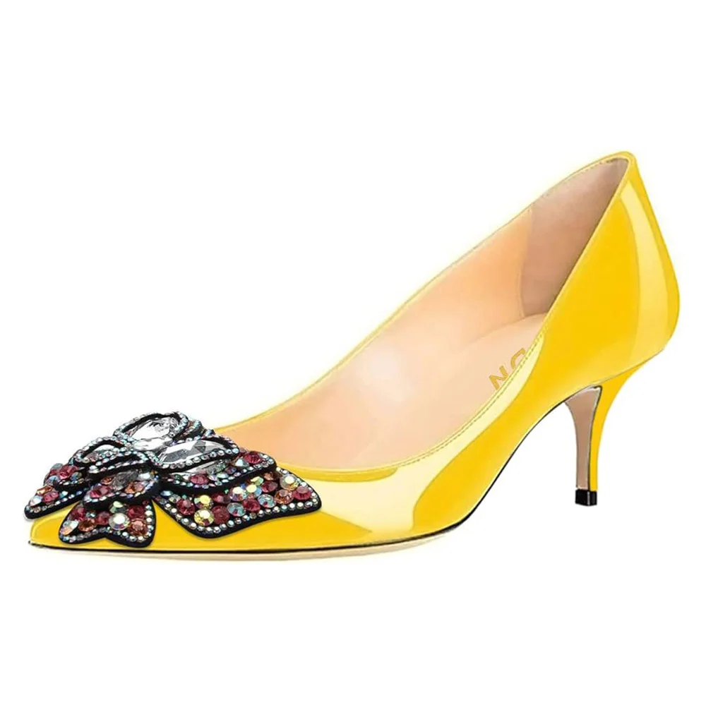 Yellow Patent Leather Kitten Heel Rhinestone Butterfly Pumps Shoes