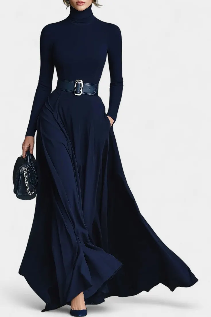 High-Neck Long-Sleeve Maxi Dress with Belt Accent
