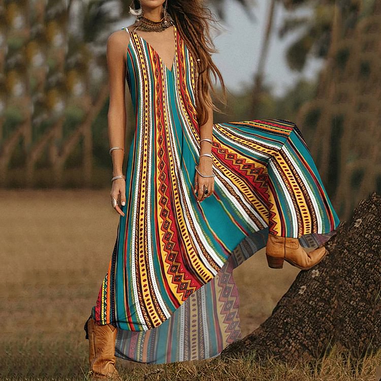 VChics Vintage Tribal Stripe Print Loose Sling V Neck Maxi Dress