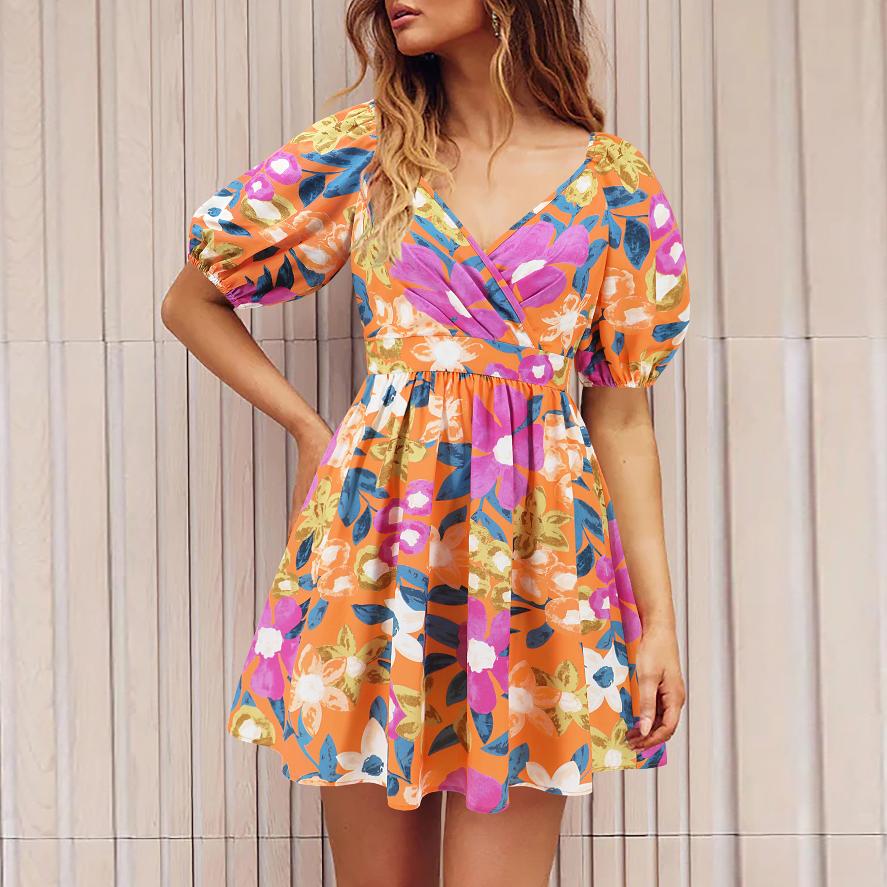 Mature Women Flowers Print V-Neck Lantern-sleeve Summer Vacation Beach Short Dresses