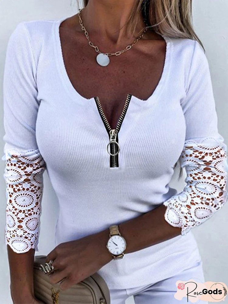 Lace V Neck Skinny Plain Long Sleeve Tops