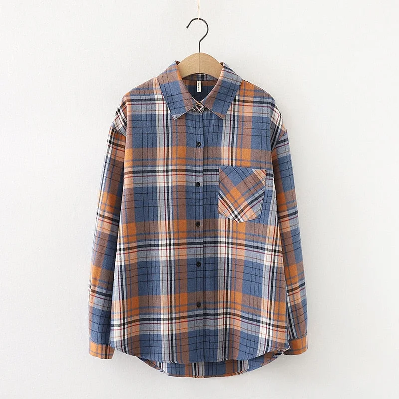 2021 New Loose Design Cotton Plaid Shirt Women Young Style Long Sleeve Blouses Casual Shirts Lady Tops Clothes Blusas