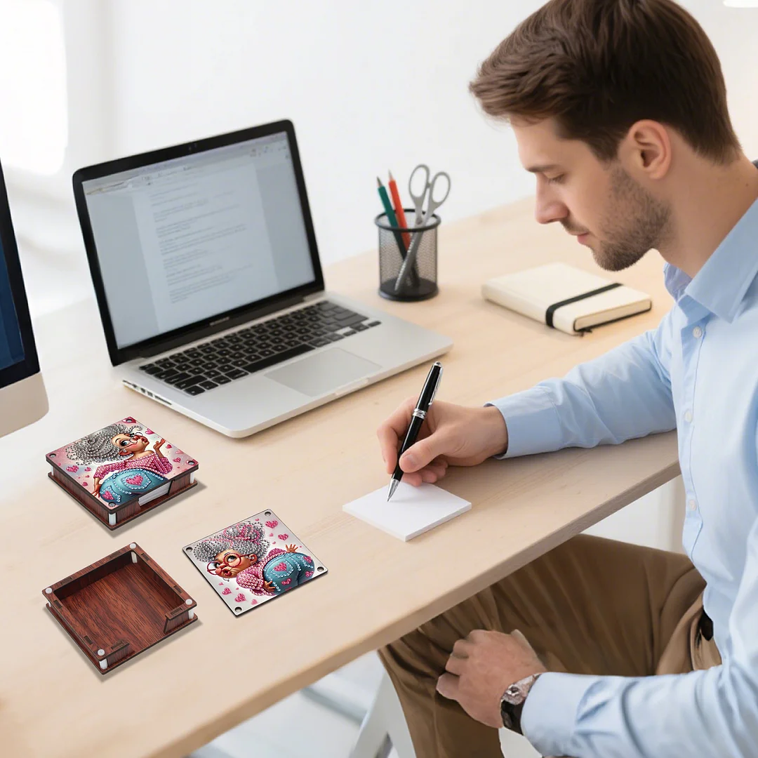 4pcs Wooden DIY Funny Old Lady Diamond Painting Kit Note Box with 480 Papers