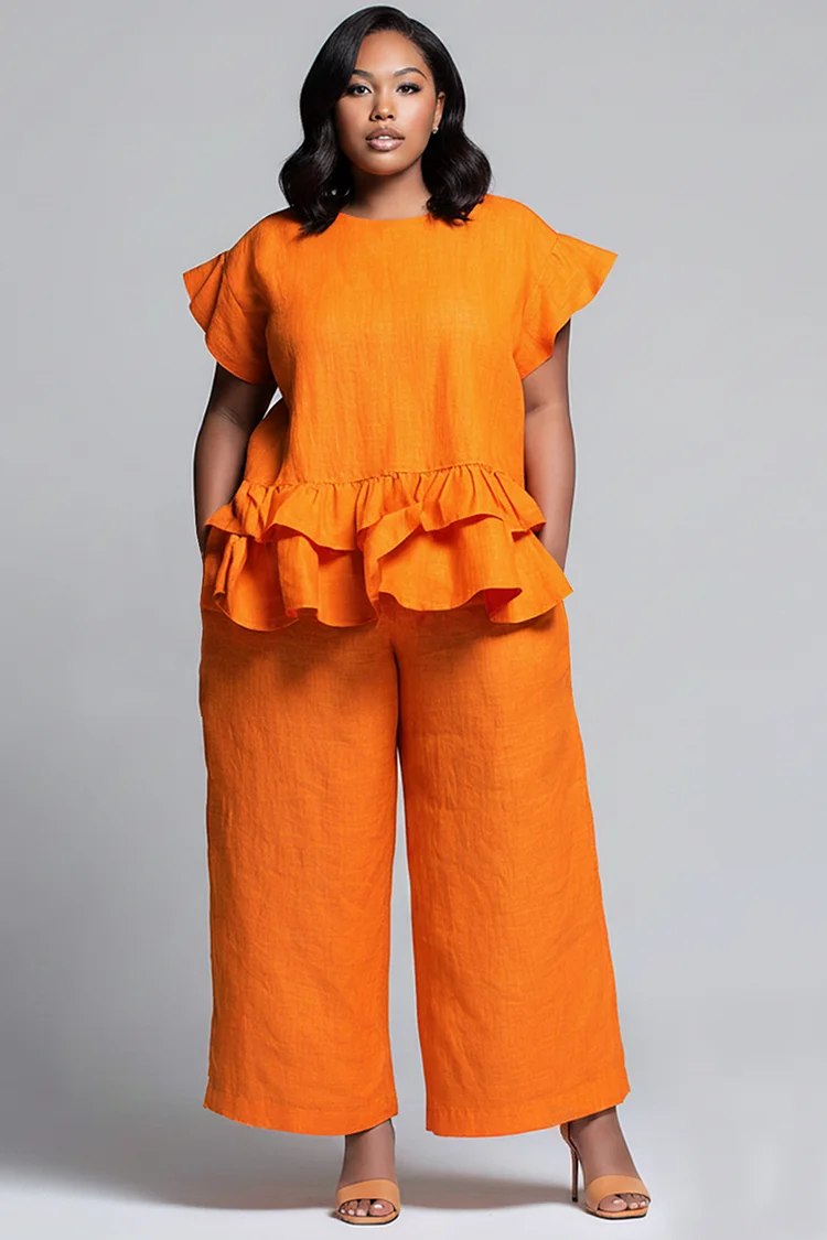 Xpluswear Design Plus Size Vacation Casual Orange Round Neck Flutter Sleeve Ruffle Pocket Linen Two Piece Pant Sets 2024 - Xpluswear