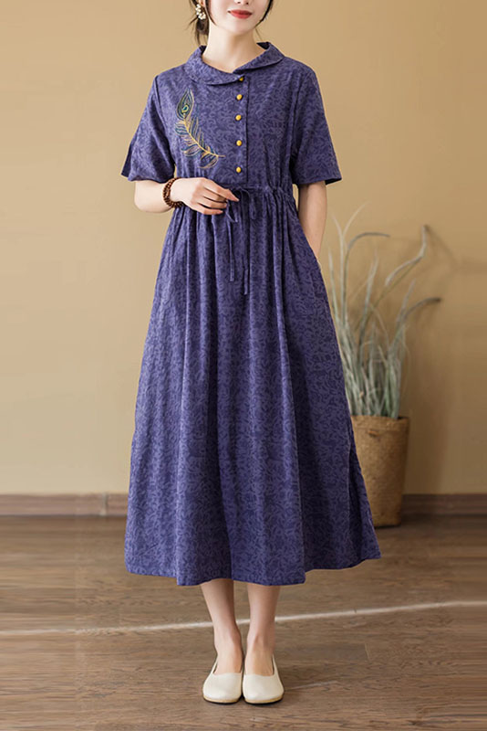 New Retro Jacquard Embroidered Dress Short Sleeve Cotton Linen Dress