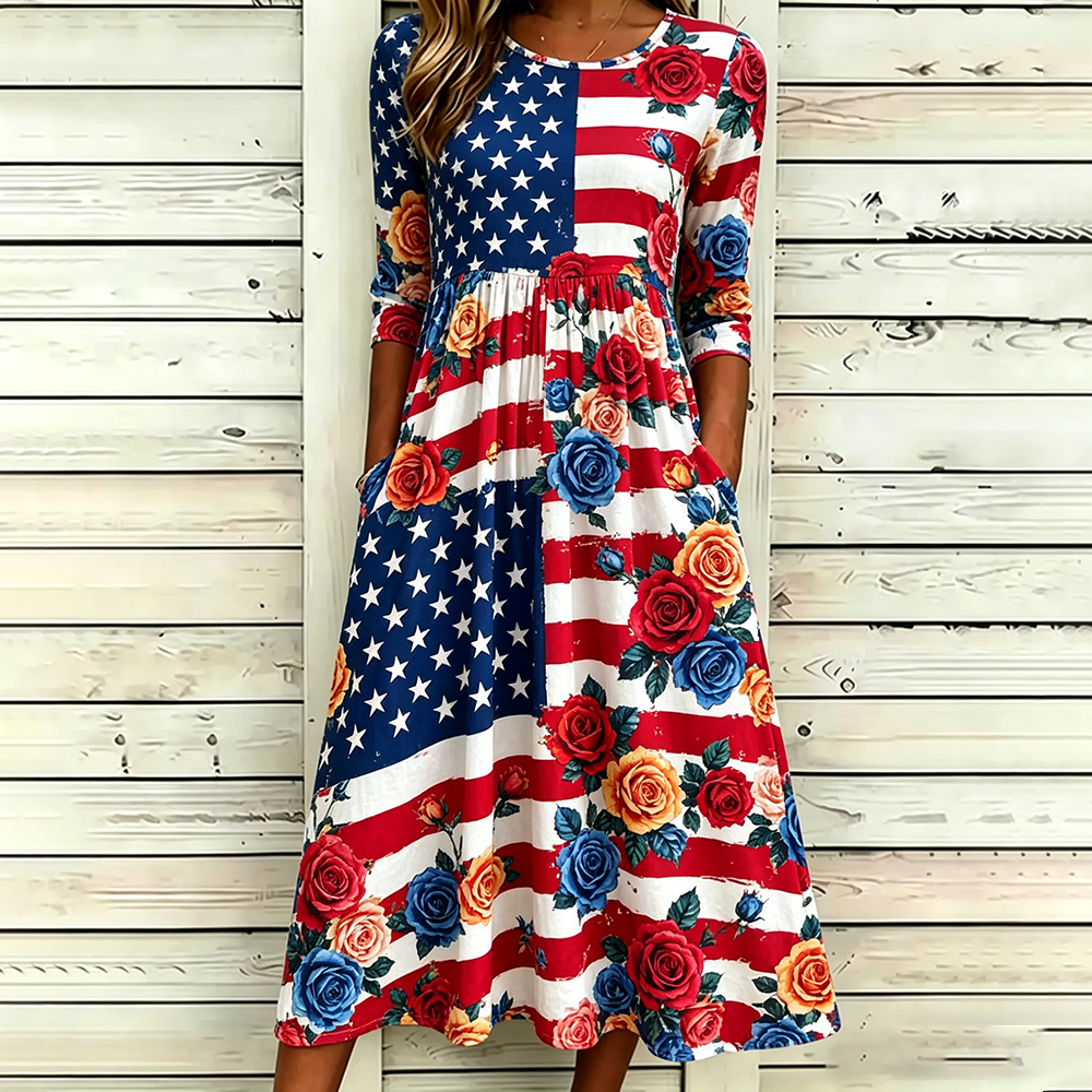  Women's American Independence Day Deconstructed Flag Rain Rose Art Cotton Linen Mid-sleeve Round Neck Dress Westsshops