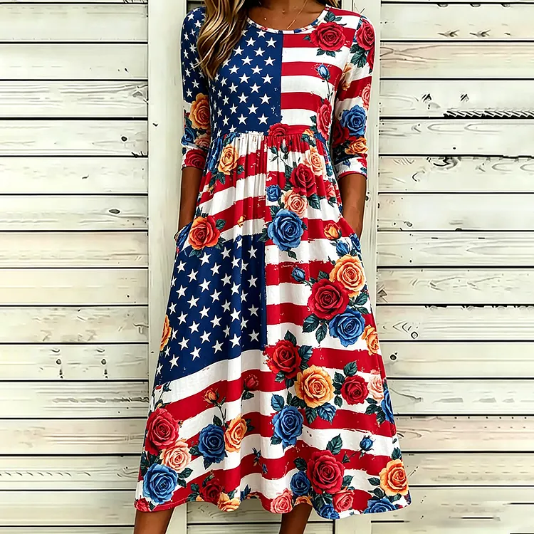 Women's American Independence Day Deconstructed Flag Rain Rose Art Cotton Linen Mid-sleeve Round Neck Dress