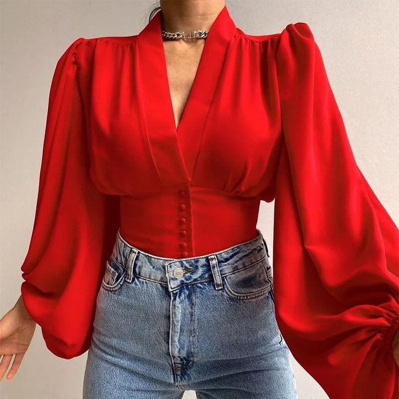 Uforever21 Spring Fashion Women Shirt Lantern Long Sleeves Casual Solid Color Printed Slim Buttons V Neck Blouse Commute High Street Shirts
