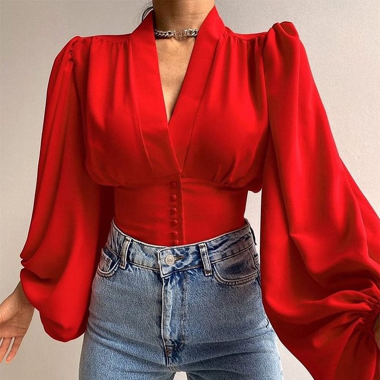 Spring Fashion Women Shirt Lantern Long Sleeves Casual Solid Color Printed Slim Buttons V Neck Blouse Commute High Street Shirts
