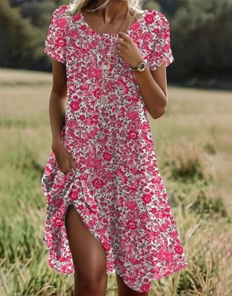 Hipposy Ethnic Style Printed Summer New Short Sleeved Dress Artistic Fashionable Women's Casual Round Neck Mid Length Dress