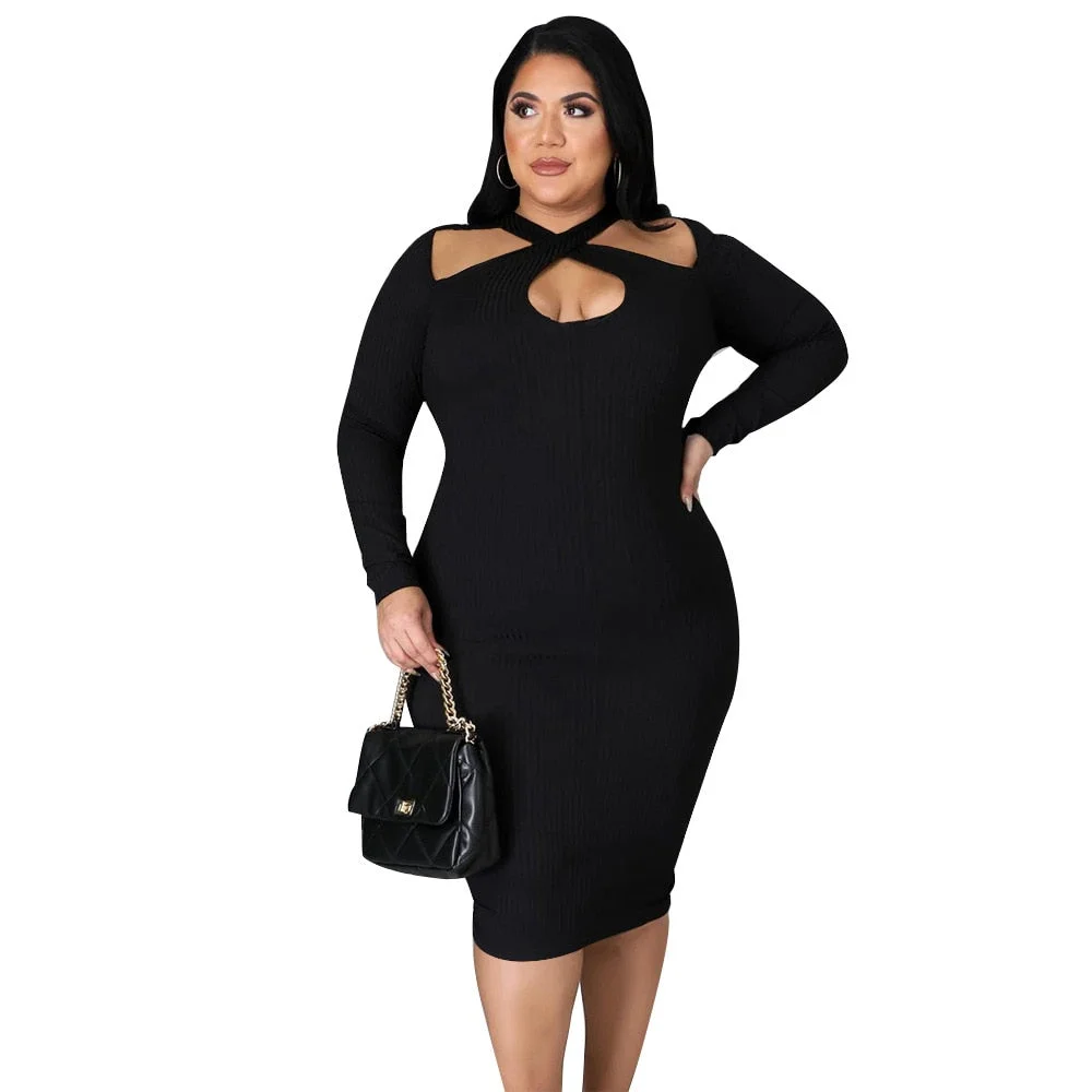 Plus Size Women Clothing 2021 Sexy Hollow Out Solid Bodycon Stretch Ribbing Elegant Evening Dress Fashion Wholesale Dropshipping