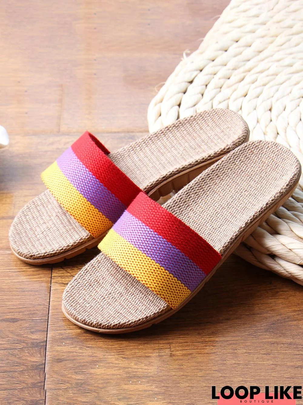 Contrasting Color Strip Upper Sweat-absorbent Breathable Linen Home Slippers