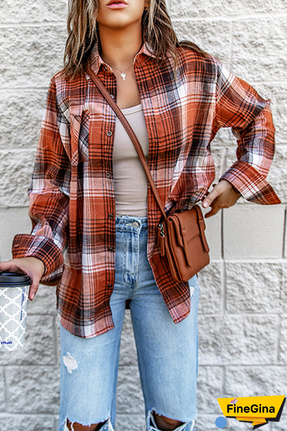 Casual Plaid Split Joint Buckle Turndown Collar Tops