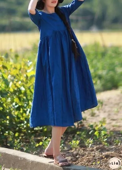 Simple O Neck Patchwork Summer Tunic Blue Vestidos De Lino Dress