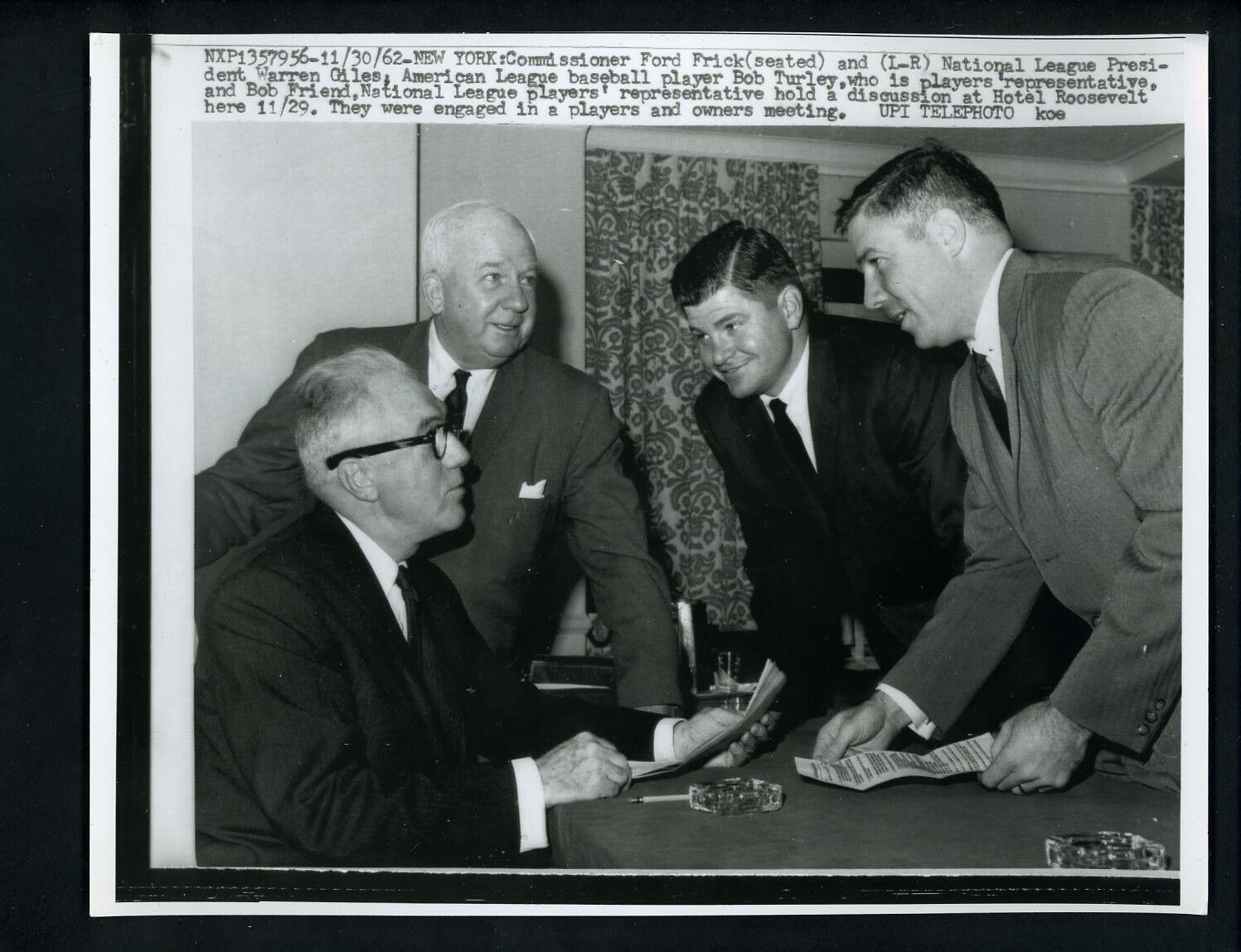 Bob Turley Bob Friend Ford Frick Warren Giles 1962 Press Photo Poster painting Owners meetings