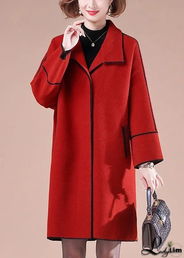 Elegant Red Oversized Patchwork Woolen Coats Winter