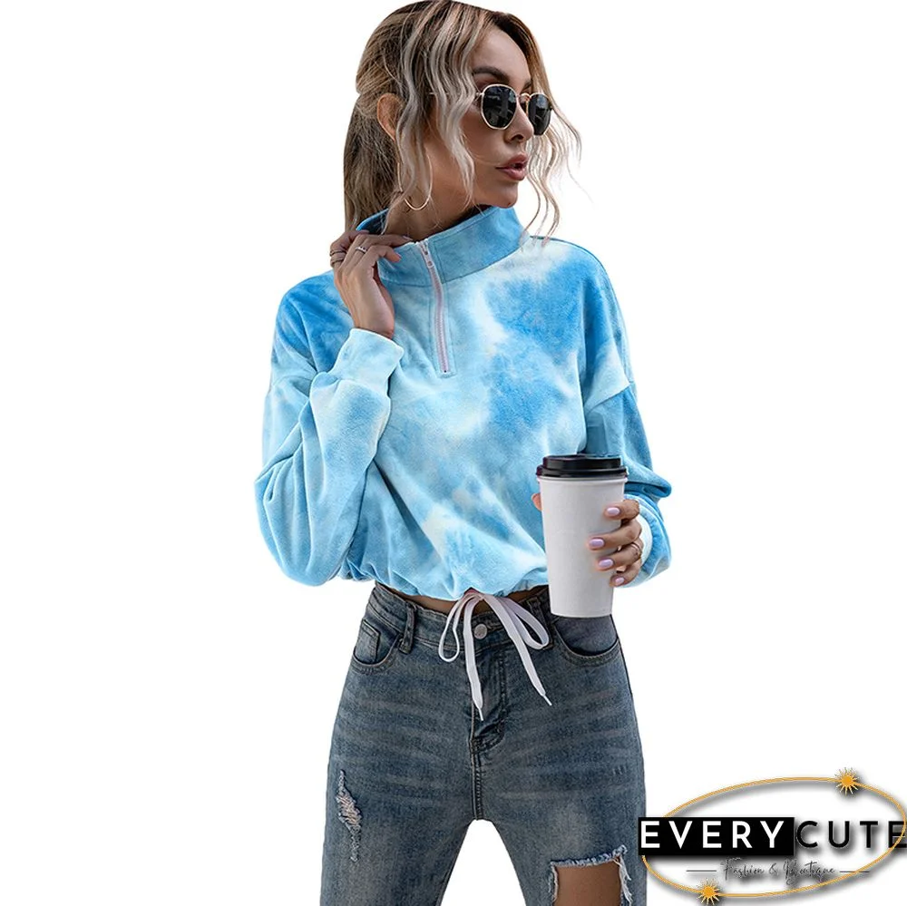 Light Blue Tie Dye Zipper Up Pullover