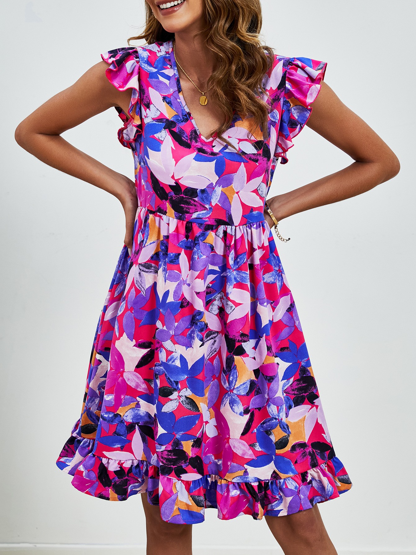 Mature Women Summer V-neck Ruffled Sleeveless A-Line Casual Beach Dress