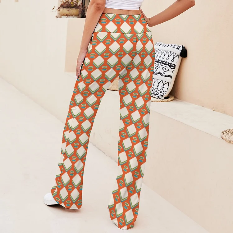 S-3XL Mid Century 60S 70S Vintage Circles Modern Flared Pants Trousers Women Flowy Wide Leg Hippie Stretchy Palazzo Pants - Heather Prints Shirts
