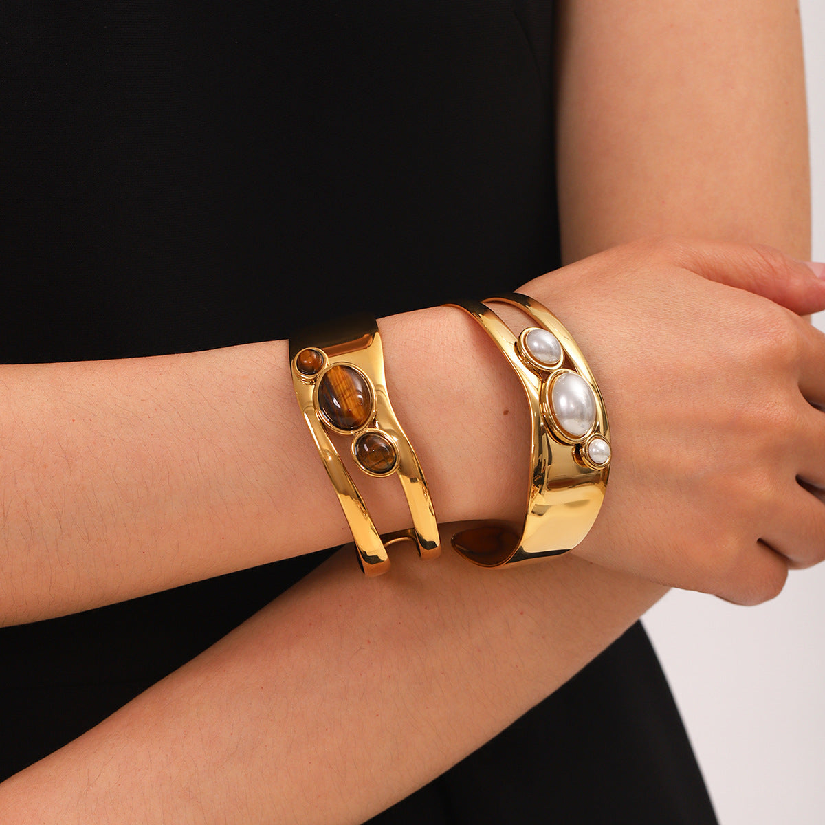 Stainless Steel Hollow Pearl Bracelet Natural Tiger Eye Stone Open Bracelet Retro Titanium Steel Jewelry