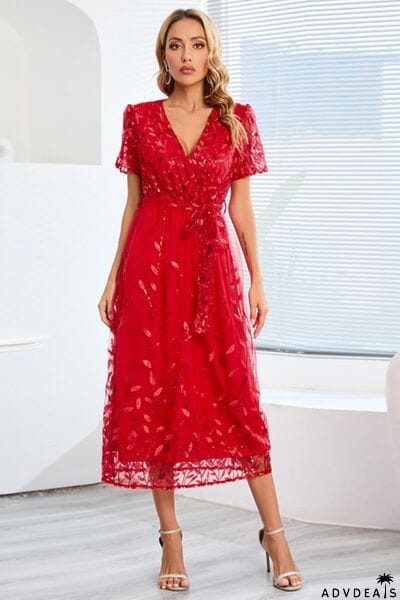 Sequin Leaf Embroidery Tie Front Short Sleeve Dress