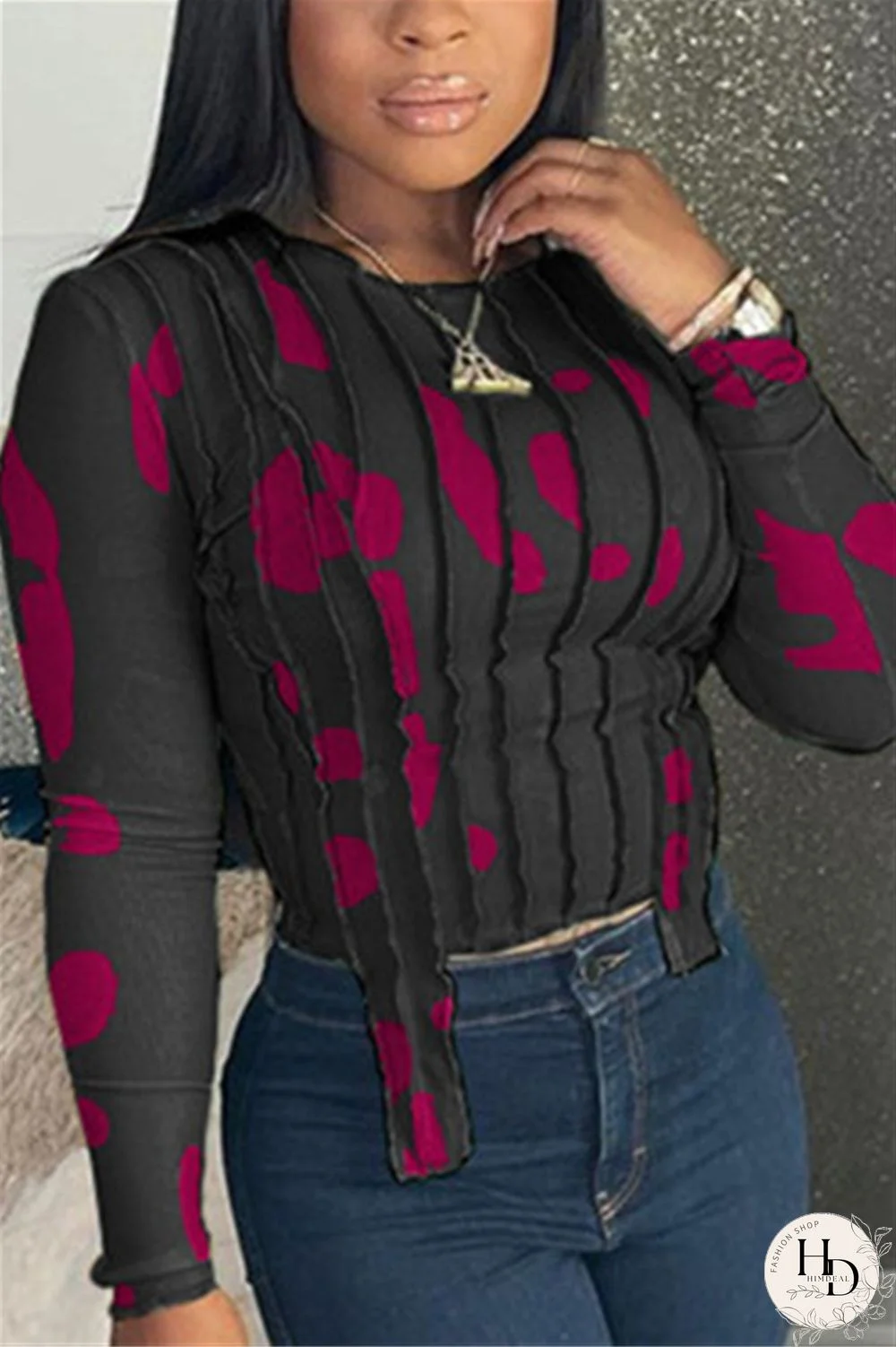 Black Fashion Casual Print Basic O Neck Tops