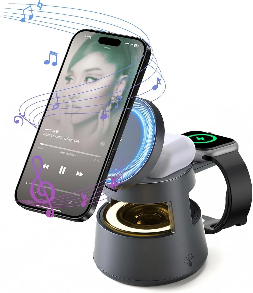 5-in-1 Wireless Charging Station with Bluetooth Speaker, Magnetic Fast Charger, and Night Light