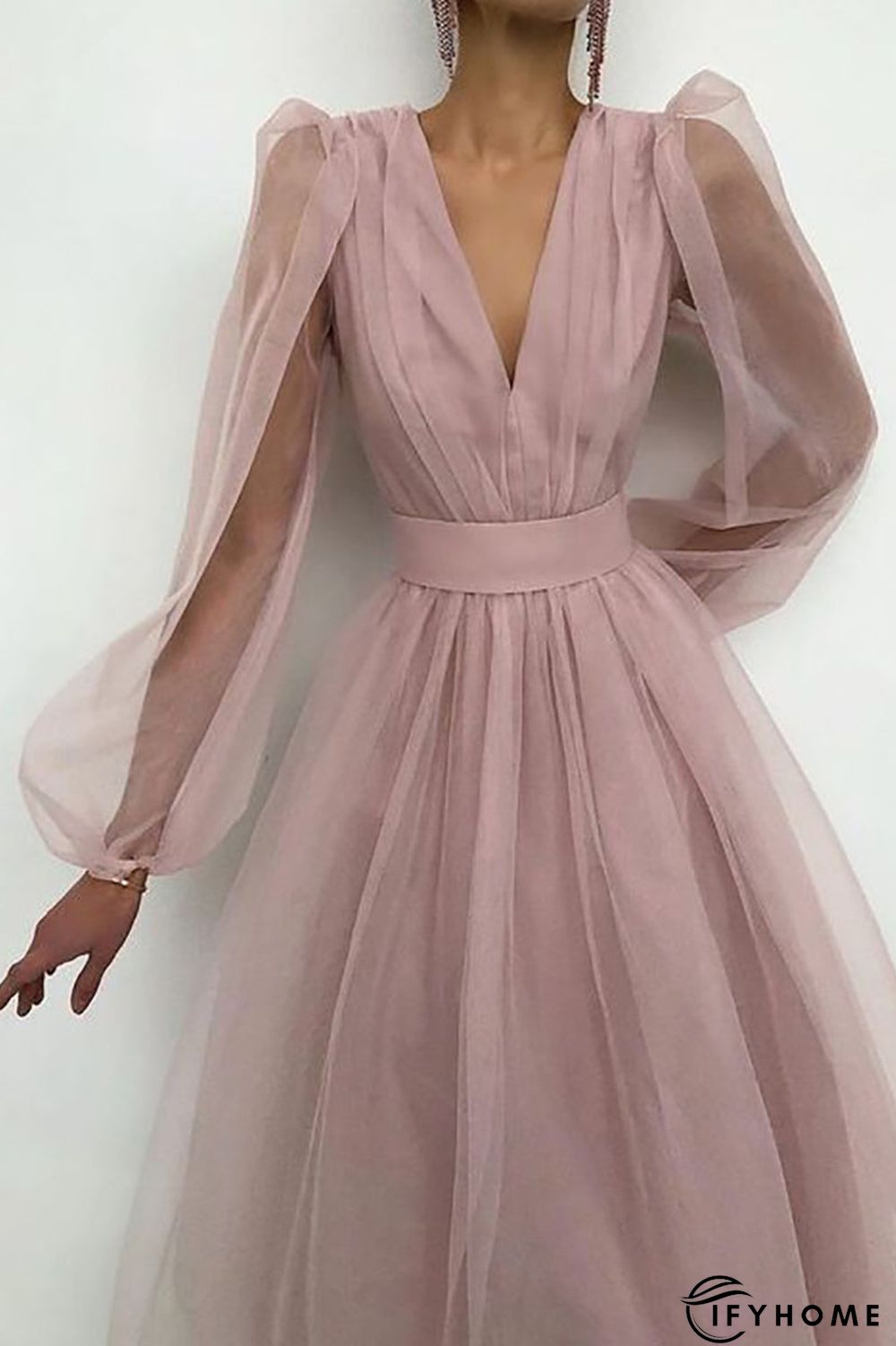 V Neck Tulle Long Sleeve Midi Dress | IFYHOME