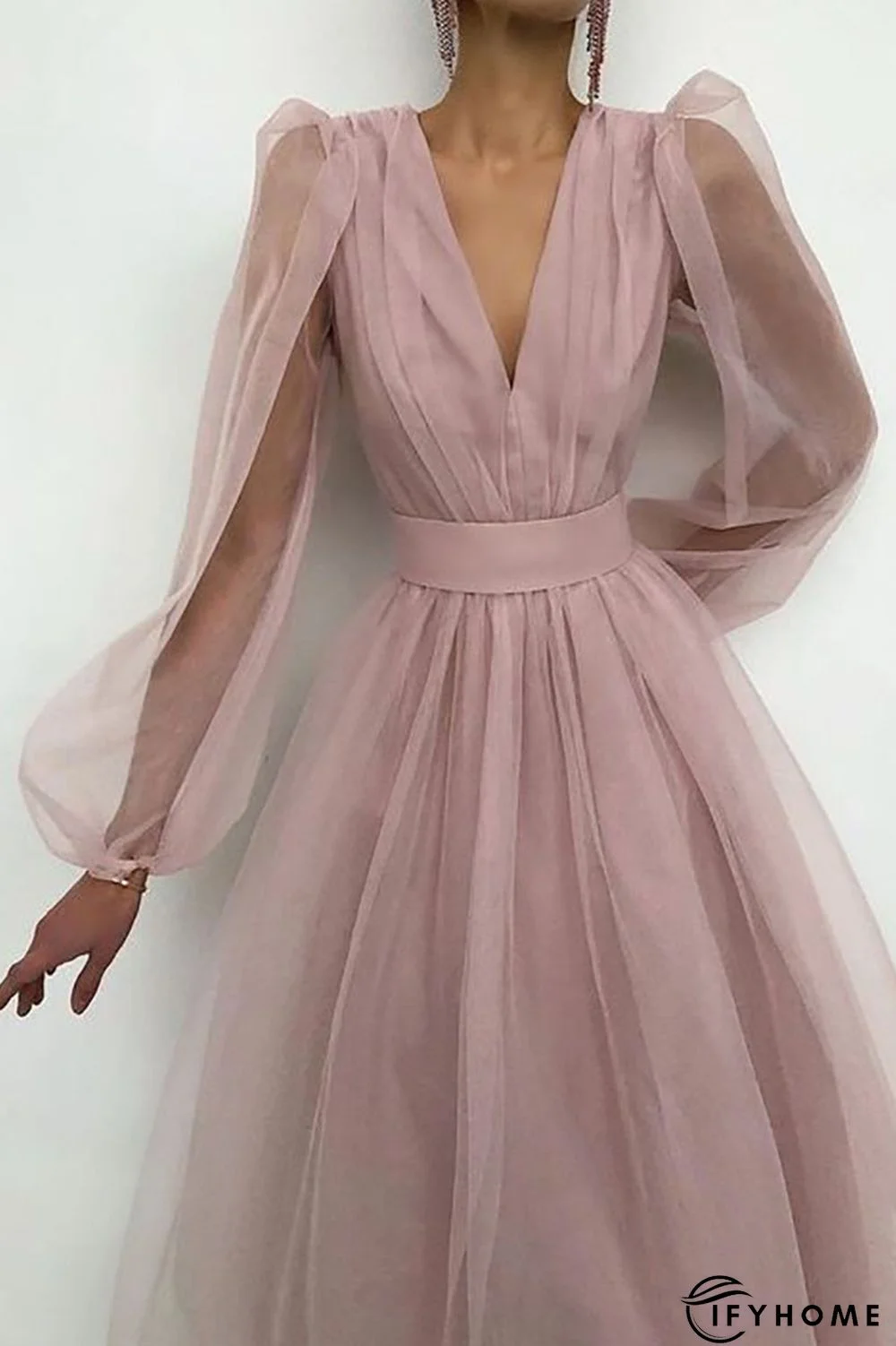 V Neck Tulle Long Sleeve Midi Dress | IFYHOME