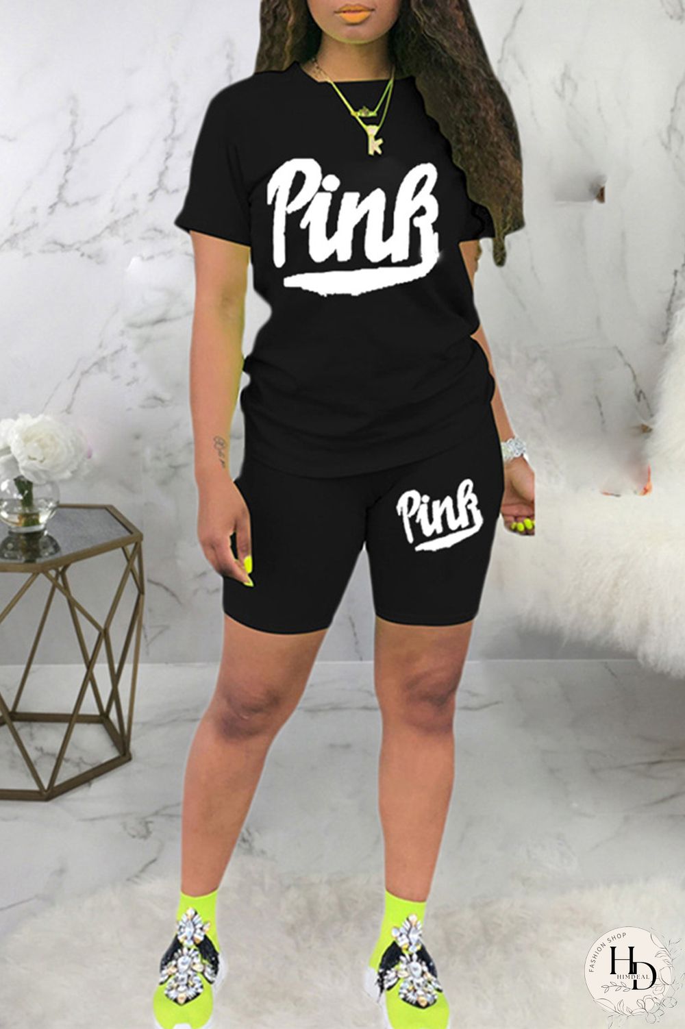 Black Fashion Casual Letter Print Basic O Neck Short Sleeve Two Pieces