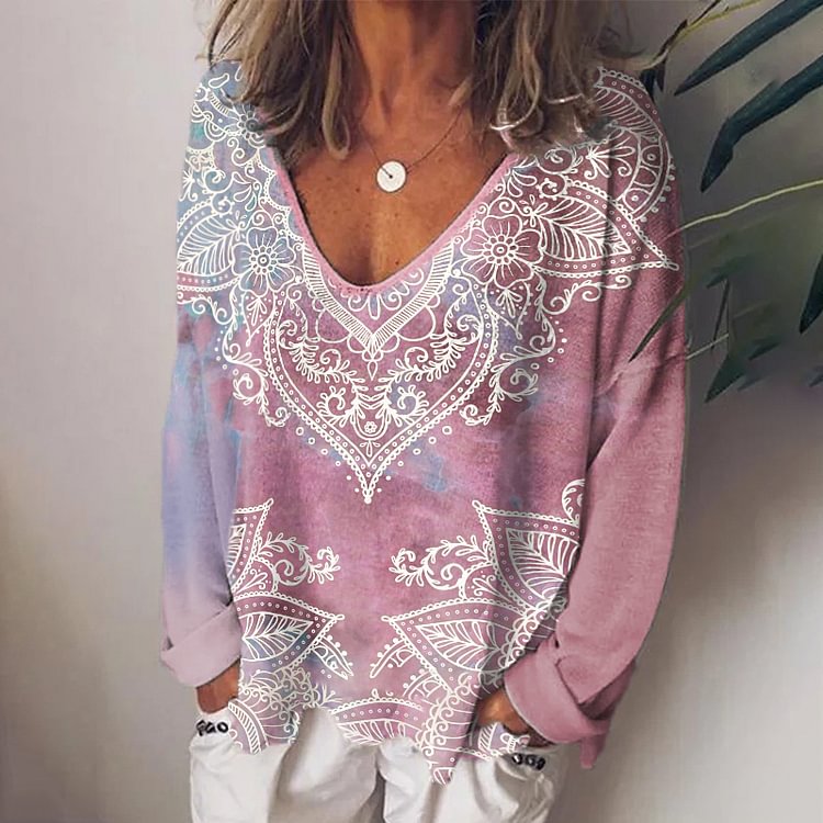Retro Flower Graphic Casual Women's Long-Sleeved T-shirt