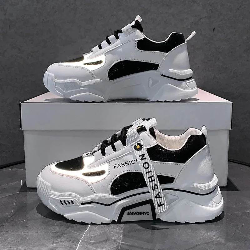 2021 Spring Reflective Platform Footwear Women Thick sole Shoes Korean Dad Chunky Sneakers Mixed Color Women's Vulcanize Shoes