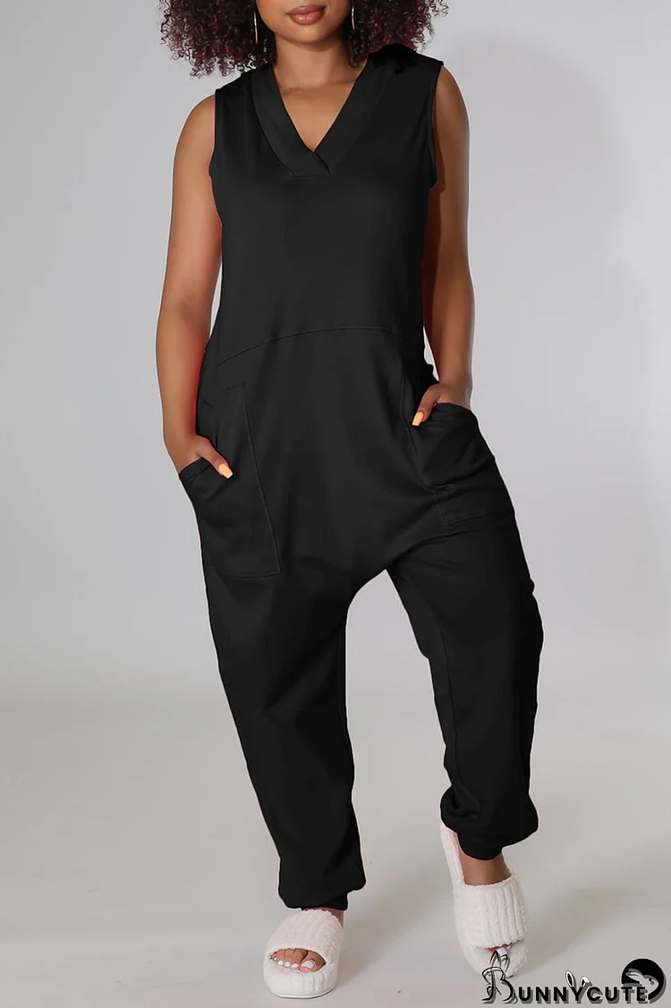 Black Casual Solid Split Joint V Neck Straight Jumpsuits