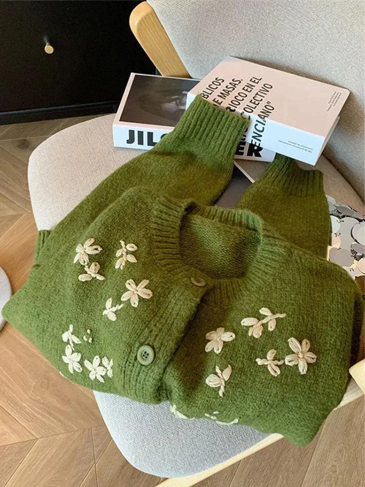 Brownm Daisy Embroidered Knitted Cardigan