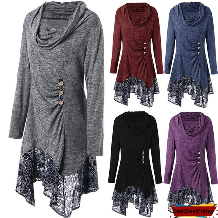 Autumn and Winter Fashion Womens Long Sleeve Loose Shirts High Collar Blouse Hoodies Irregular Dress Plus Size S-5XL