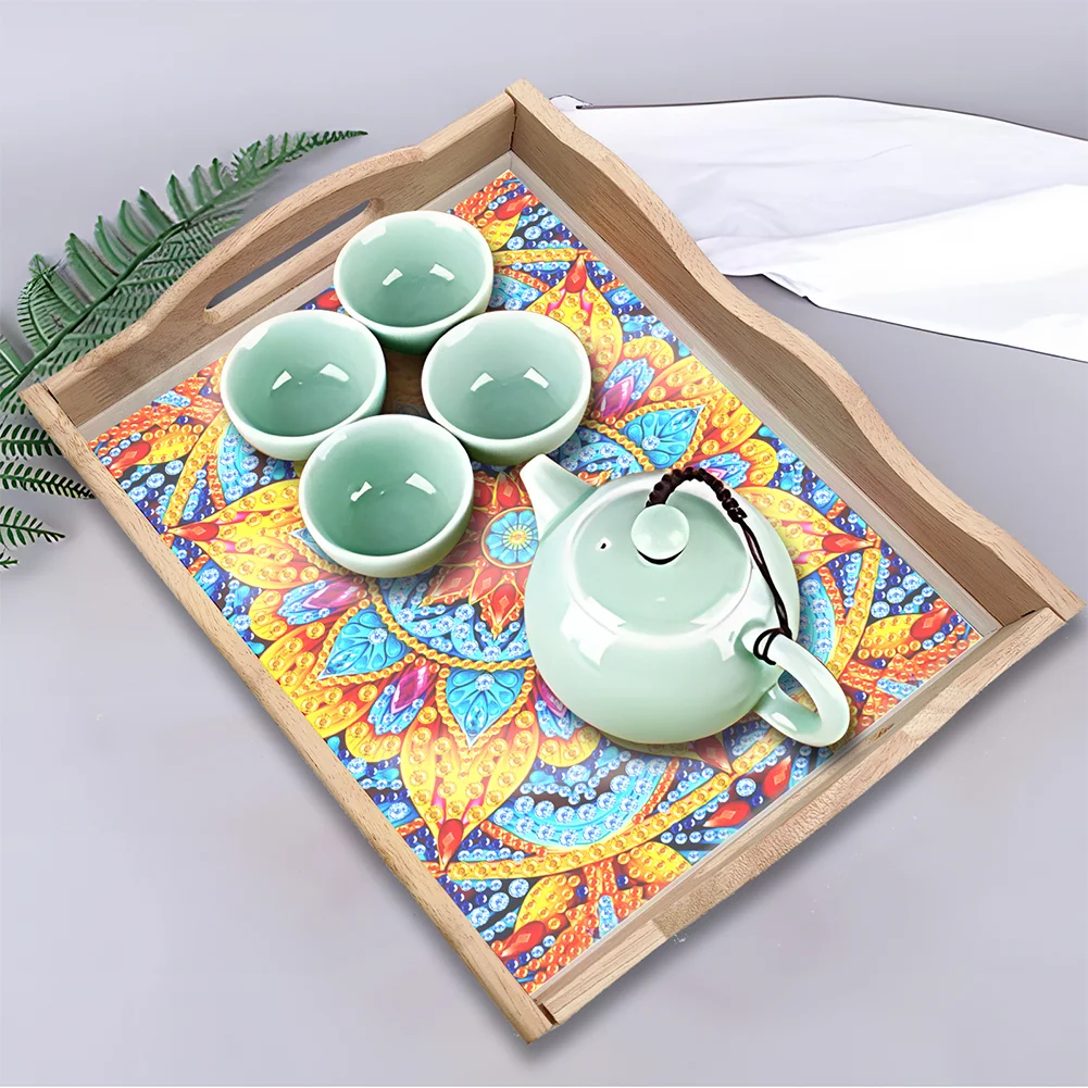 DIY Mandala Diamond Painting Decorative Trays with Handle Coffee Table Tray for Serving Food