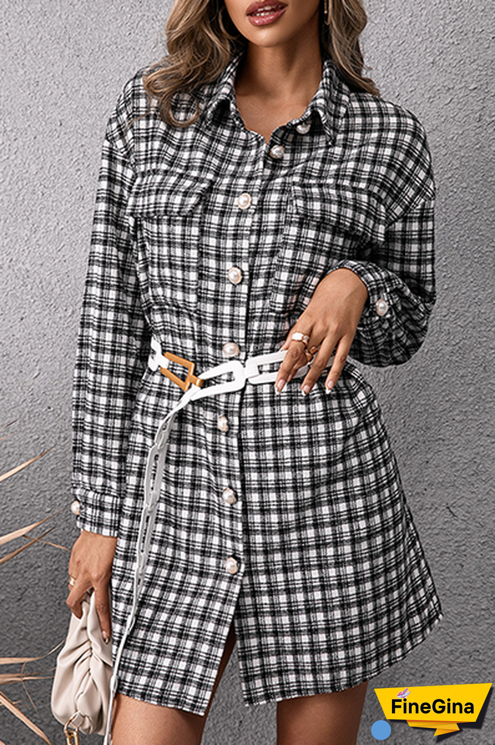 Fashion Casual Plaid Pocket Buckle Shirt Dress Dresses (Without Belt)