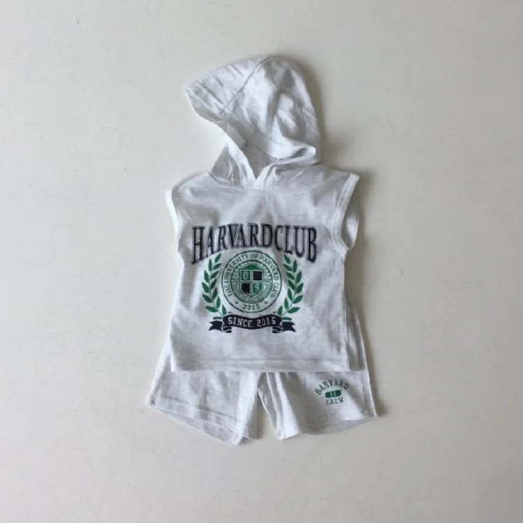 2pcs Baby Toddler Boy/Girl Solid Color Letter Print Hooded Sleeveless and Shorts Set