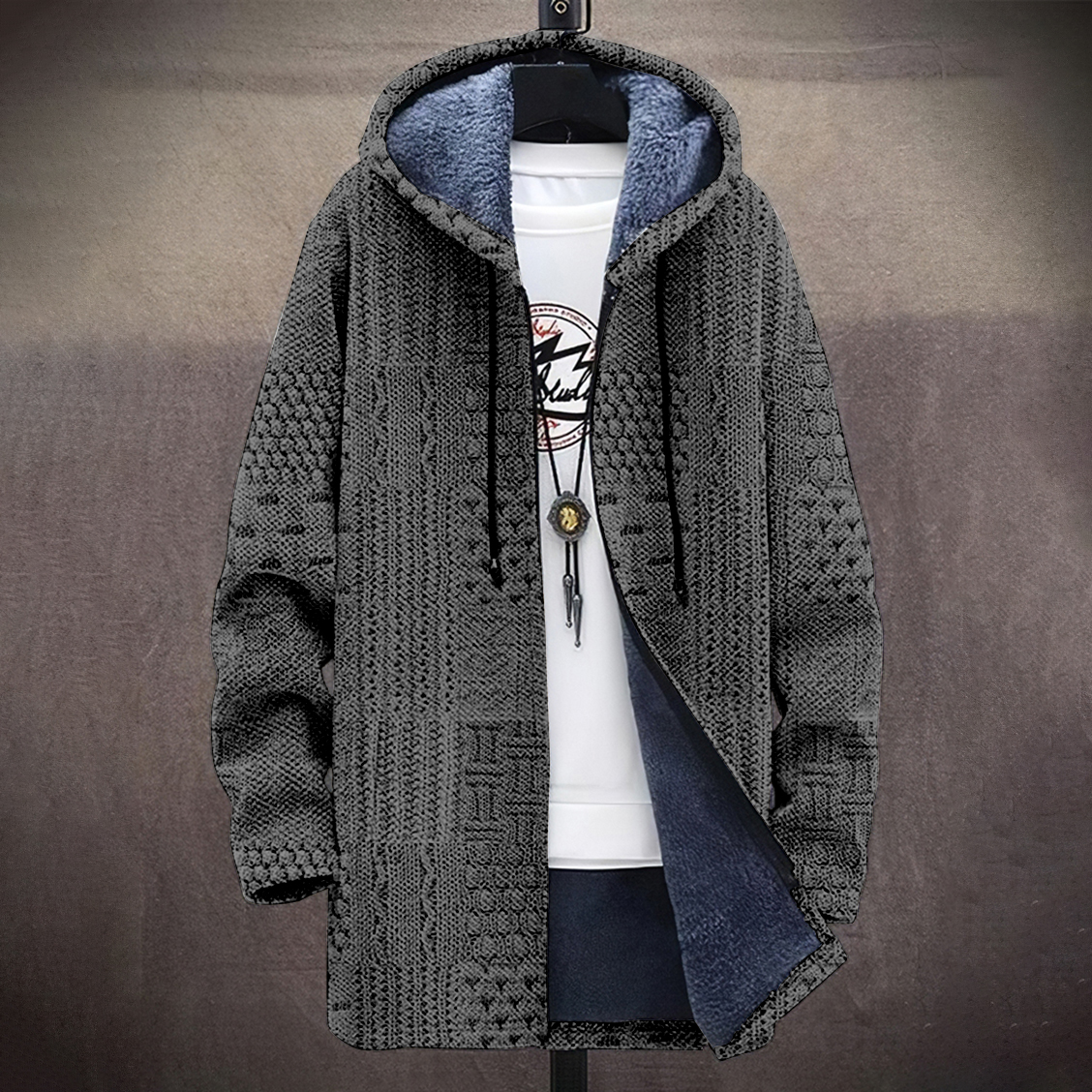 menweary Men's Vintage Crochet Knitted Graphic Comfort Plush Hooded Coat