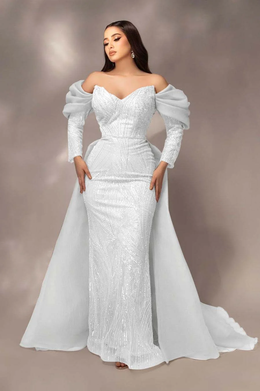 Daisda Glamorous Sequins Off the Shoulder Long Sleeves Mermaid Prom Dress with Pleated