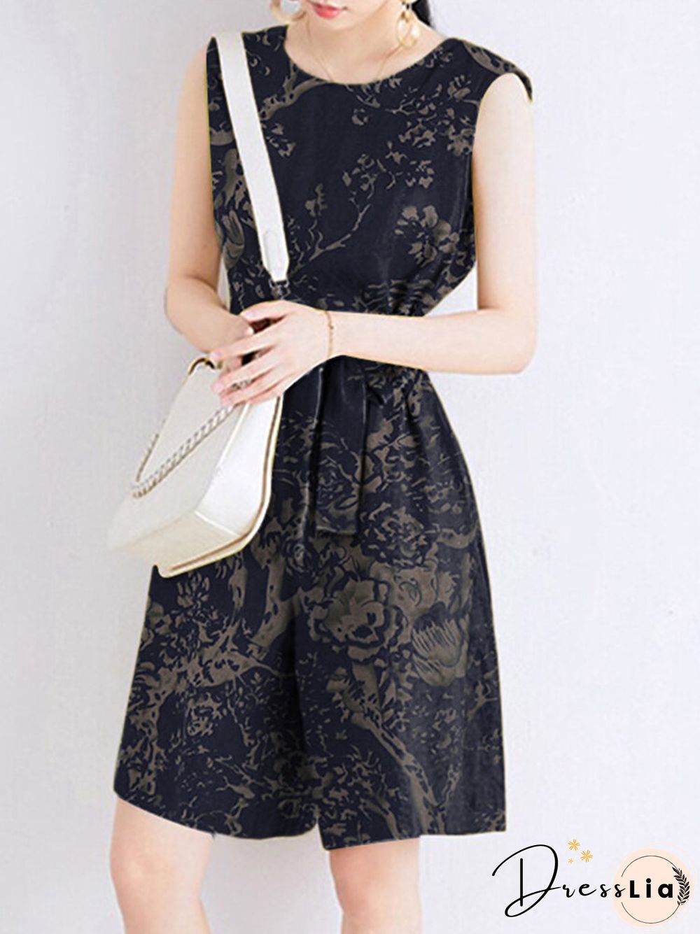 Plants Print Pocket Sleeveless Crew Neck Belt Romper