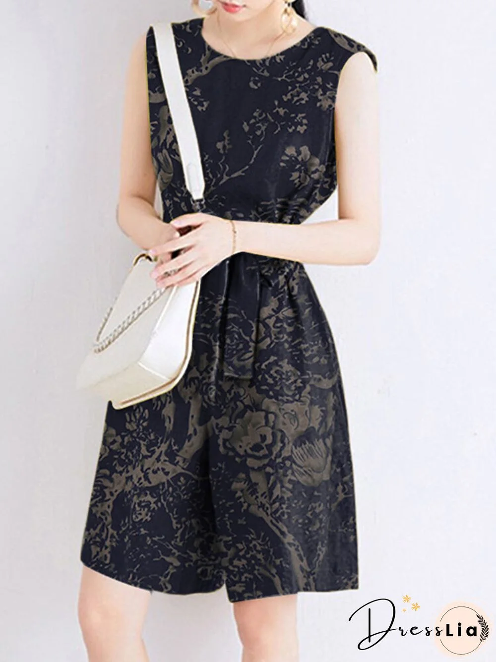 Plants Print Pocket Sleeveless Crew Neck Belt Romper