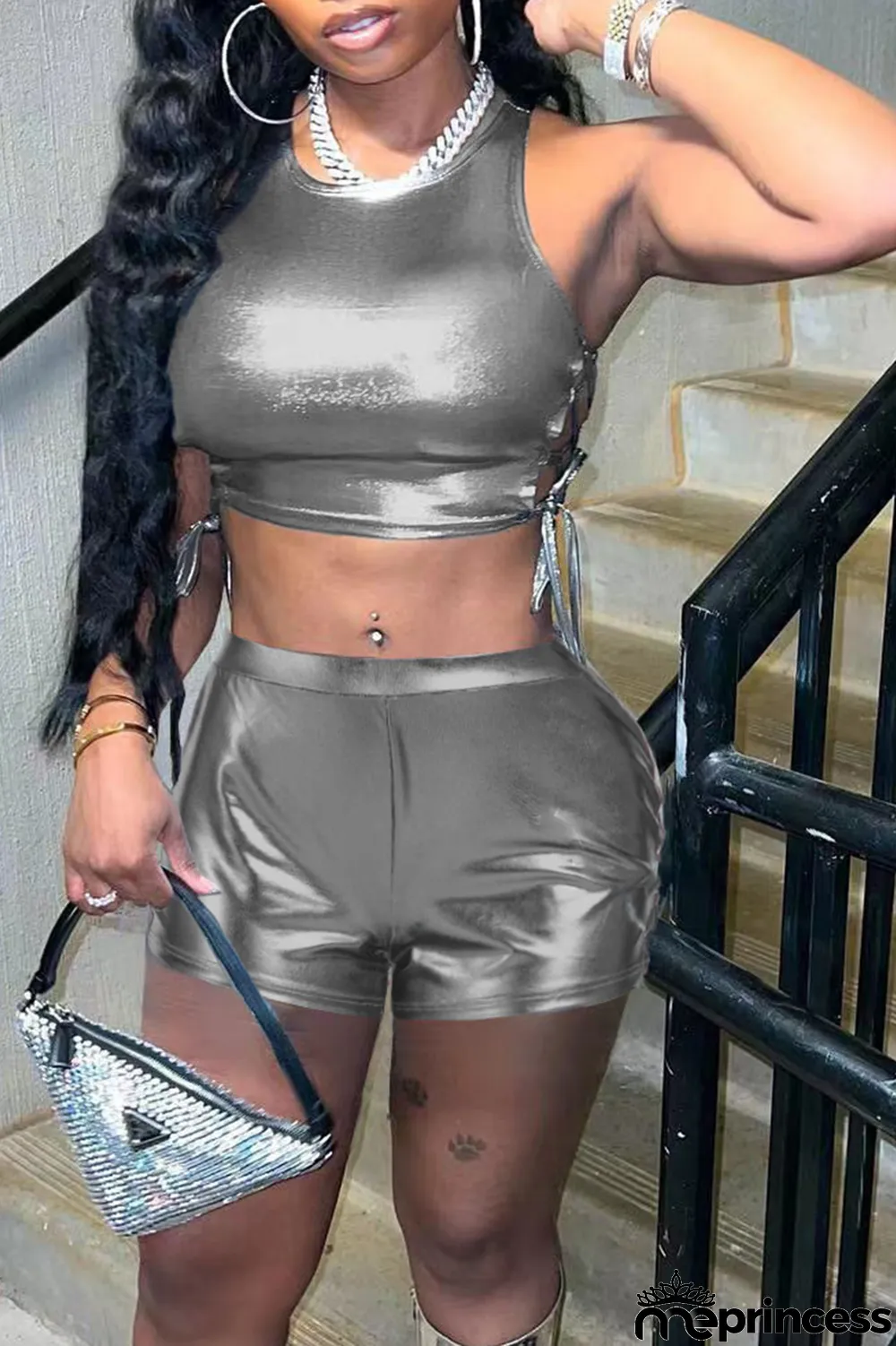 Blue Sexy Solid Bronzing Draw String O Neck Sleeveless Two Pieces